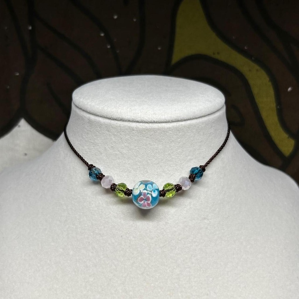 Lampwork crystal glass beads dainty cord necklace boho adjustable blue floral